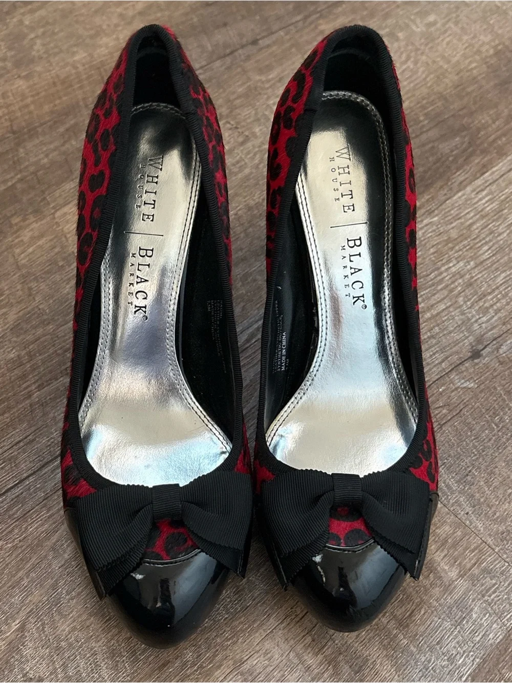 White House Black Market Red Leopard Print Pointed-Toe Pumps with Black Bow